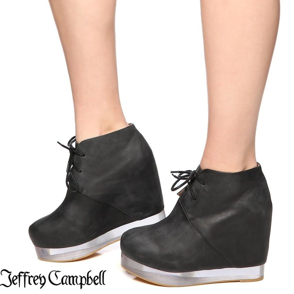 Jeffrey Campbell Alexis Black Leather Hidden Wedge Clear Platform Ankle Boots
